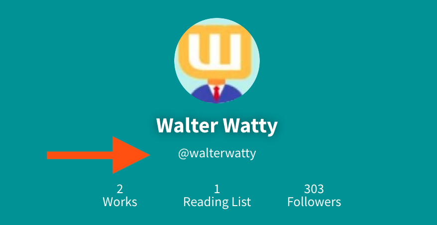 An image of the main profile picture page, with an arrow pointing at the username, 'Walter Watty'. The username is located beneath the full name, and before the number of works.